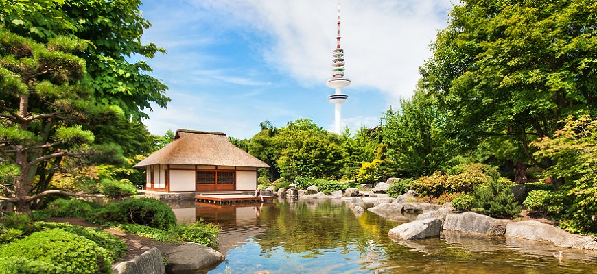 Japāņu dārzs, Hamburga, Vācija, Planten un Blomen, parks, tv tornis, Eiropa